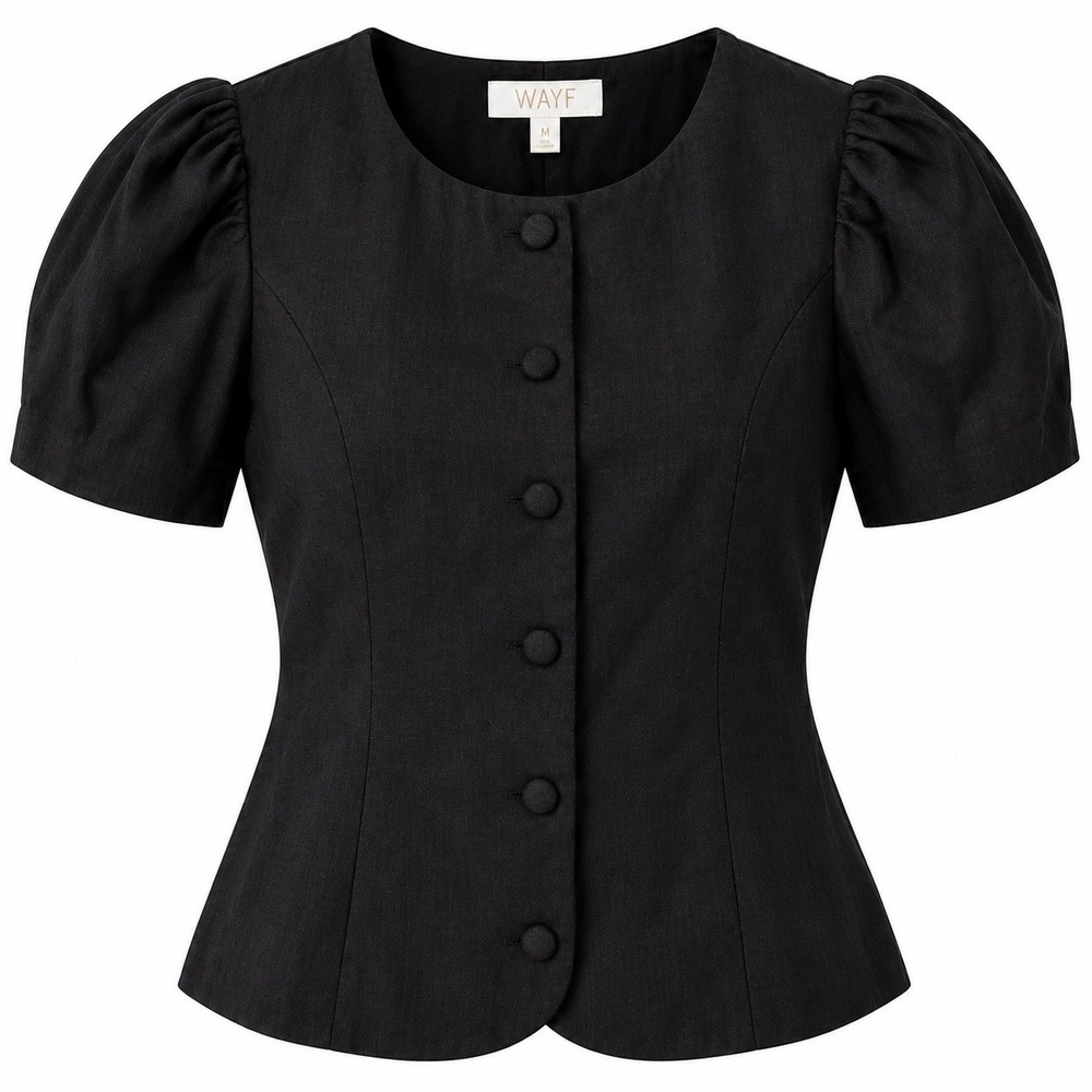 WAYF Blair Linen Blend Top M Black Puff Sleeve Button Front Tie Back Blouse